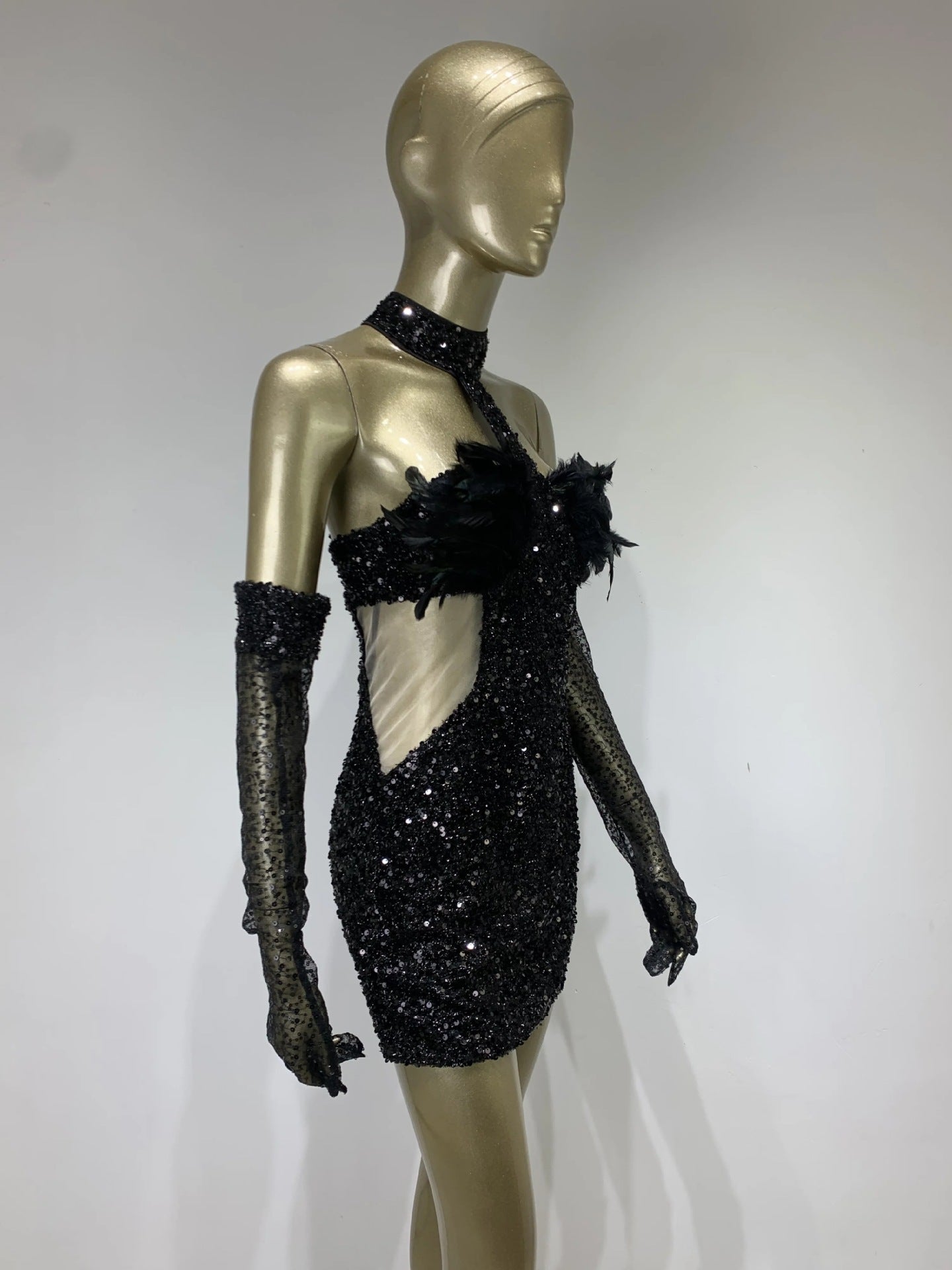 Feather & Sequin Halter Mini Dress with Glam Gloves – Party Ready