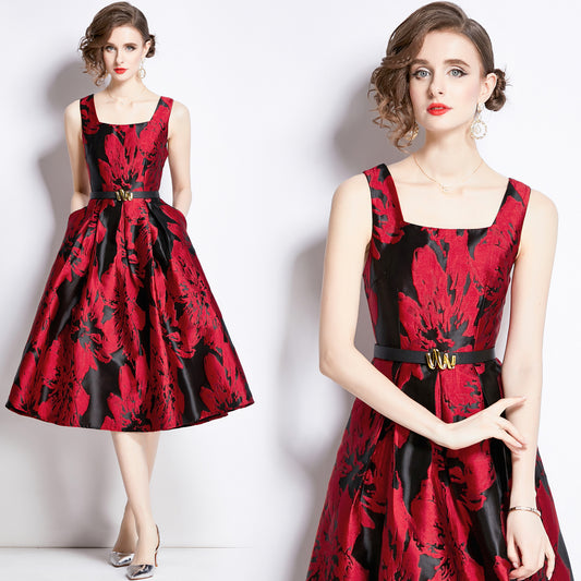 3D Jacquard Floral Midi Dress – Textured A-Line with Puff Sleeves