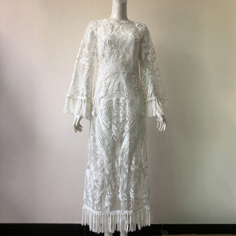Elegant Lace Maxi Dress for Women – Long-Sleeve Floral Lace & A-Line Skirt