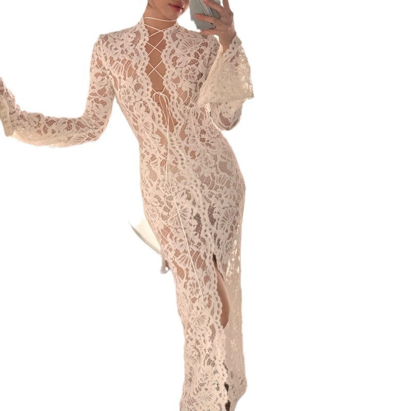 Knitted Hollow‑Out Sheer Slit Maxi Dress – Long Sleeve, Bell Sleeve, High Waist