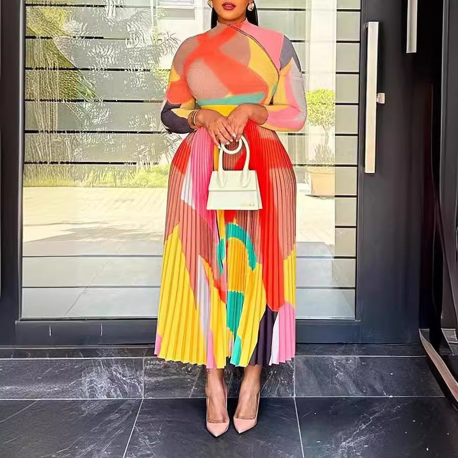 Pleated Princess‑Line Maxi Dress – Satin Feel Polyester, Elegant A‑Line Silhouette