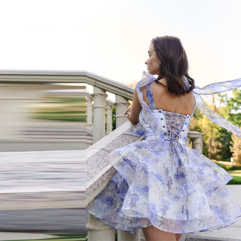 Floral Print Square Neck Bow‑Strap Dress – Sweet A‑Line Suspenders Midi