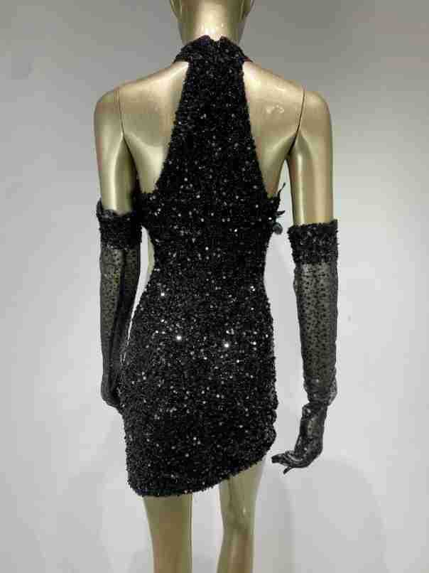 Feather & Sequin Halter Mini Dress with Glam Gloves – Party Ready